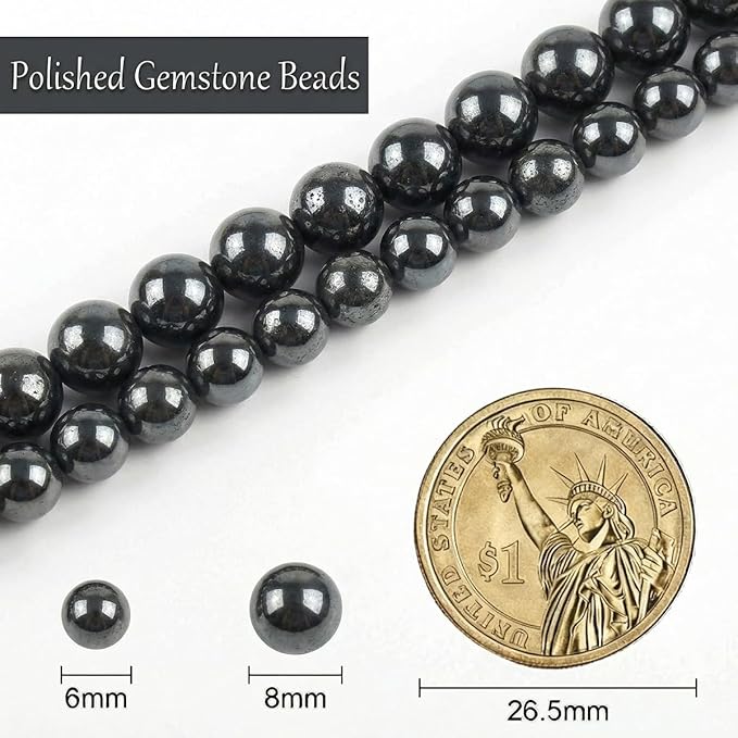Stone Beads, 45pcs Black Hematite, 8mm Round Loose Beads for Jewelry Making, Bracelets, with Bag, String & Card