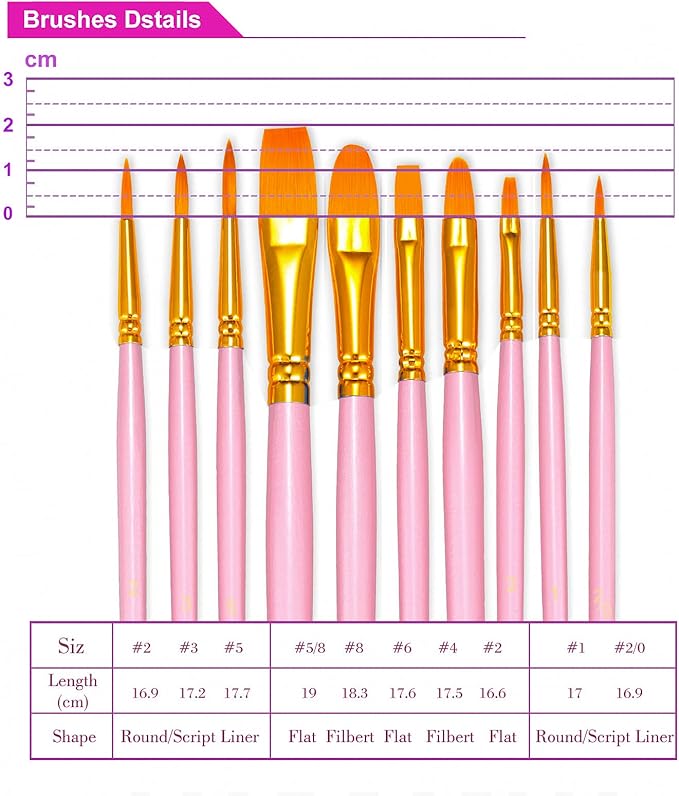 BOSOBO Paint Brushes Set, 10 Pieces Round Pointed Tip Paintbrushes Nylon Hair Artist Acrylic Paint Brushes for Acrylic Oil Watercolor, Face Nail Body Art, Miniature Detailing & Rock Painting, Pink