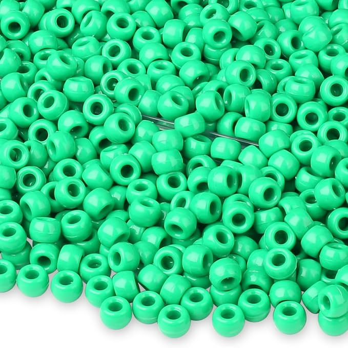 1000 Pc Boxed Light Green Pony Beads Bulk, 9MM Plastic Craft Beads with Large Hole, Green Hair Bead for Braids, Bracelet Bead for Jewelry Making