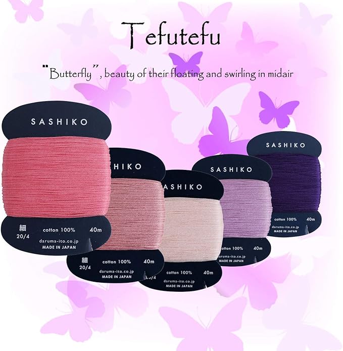 DARUMA Sashiko Thread 100% Cotton Card Type (43.7 yd) x 5 Colors with English Manual, Sewing & Embroidery Value Set with Gift Package(Thin, Tefutefu)