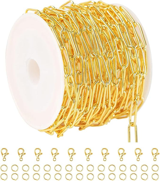 KYUNHOO 18K Gold Plated Chain for Jewelry Making 5 Meters Paperclip Chains with Lobster Clasps Jump Rings for Crafting Supplies Accessories
