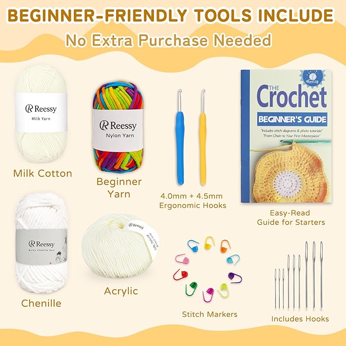 Reessy Crochet Yarn Kit for Beginners – 4 Yarns Sampler Pack (Acrylic, Cotton, Velvet Chenille, Beginner Yarn) with Hooks & Accessories – All-in-One Crochet Starter Kit for Beginners Adults (A)