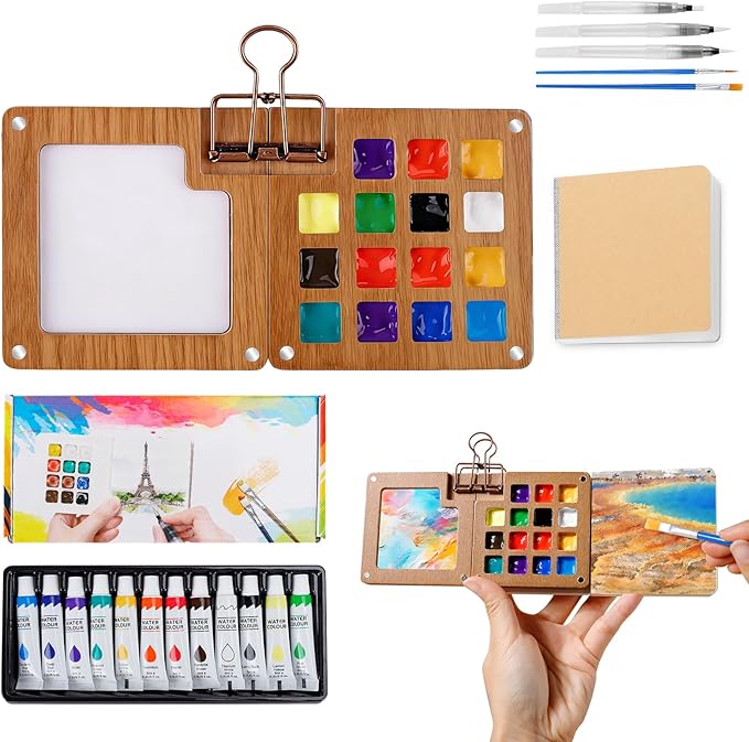 Watercolor Paint Set 12 Colors, 15-Compartment Mini Travel Watercolor Kit with 5 Brushes & Sketchbook, Portable Wooden Box with Color Storage Case for Plein Air & Urban Sketching