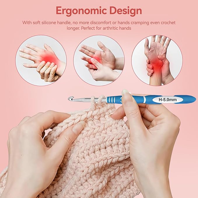 Dasonwin 60-Piece Ergonomic Crochet Hooks Set with Travel Case - Aluminum Crochet Needles Kit for Beginners & Experts, Arthritis-Friendly Design, Includes Stitch Markers & Accessories (Pink)