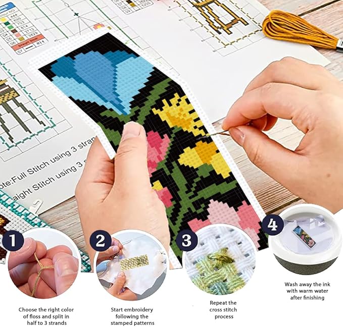 ORIGACH 6 Set Dark Background Flower Cross Stitch Bookmark Kit for Beginners Stamped Embroidery Kit Include Backing Felt and Instruction Beginner Cross Stitch Kits for Adults, Book Lovers