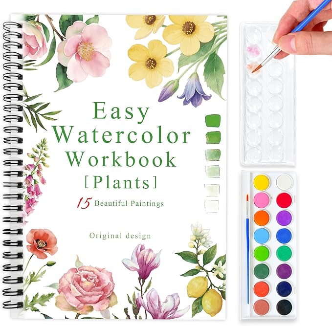 SLWBZ Watercolor Workbook Flower Plants, 15 Different Patterns of Original DIY Designs, 16 Color Watercolor Paint Plates with Palette and Brush, Beginner-Friendly Watercolor Workbooks, Plants