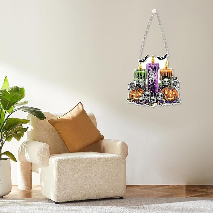MOGTAA Skull Halloween Diamond Art Hanging Pendant Kits, Pumpkin Diamond Art Kits for Adults, 5D Special Shape Candle Diamond Painting Gem Art for Home Garden Wall Decor