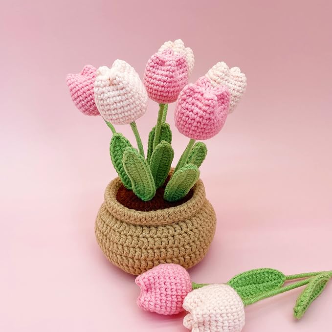 Lily's Lyric Flower Crochet Kit | Tulip Flowerpot | Step-by-Step Video Tutorial for Adults Teenagers | DIY Home Decoration Craft Gift Idea Pink