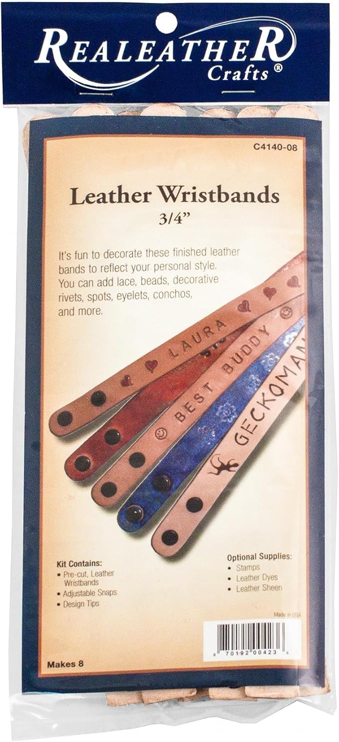 Realeather C4140-08 Narrow Leather Wristbands with Snap Closure, 7.5” to 8.5” L X .75" W, Natural, 8-Pack