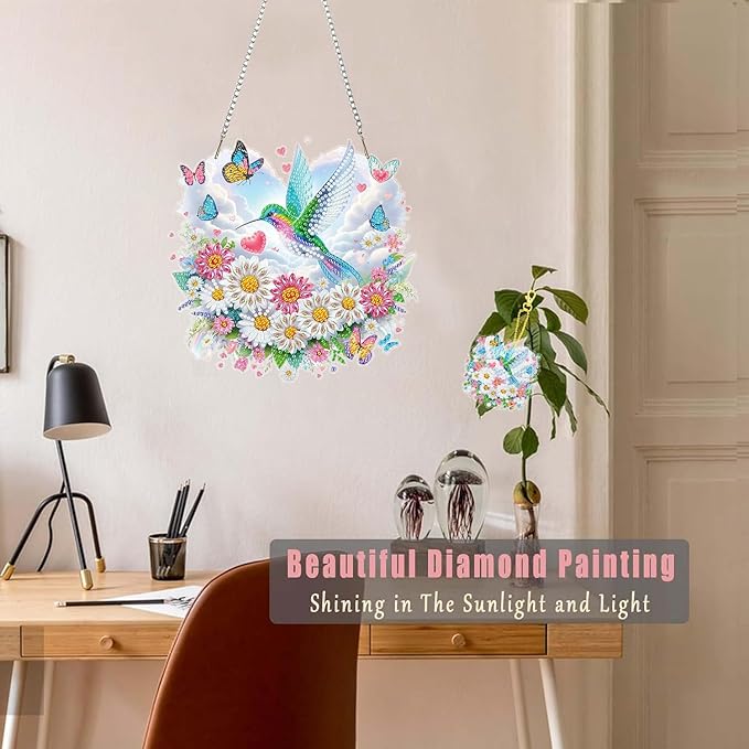 Masendp Hanging Diamond Art Decoration Kit 5D Diamond Painting Kit, DIY Hummingbird and Flower Series Diamond Art Kit Suitable for Beginners and Adults, Home Wall Garden Decoration