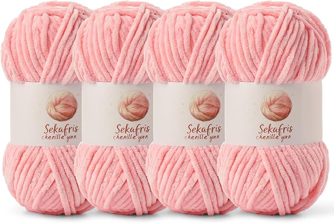 4 Pack Chunky Chenille Yarn for Crocheting, Baby Yarn for Crocheting Soft Blanket, 349.9 yds /14.1 oz Crochet Yarn, Bulky 5 Amigurumi Yarns, Fluffy Velvet Yarns for Knitting Crafts (4 Pink)