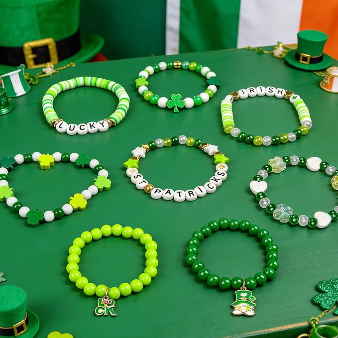 2200Pcs St. Patrick's Day Bracelets Beading Kit, Green Series Beads with Clover Charms, Shamrock Pendants, White & Green Round Beads for DIY Jewelry Making, Irish Festival Crafts, March 17 Party Decor