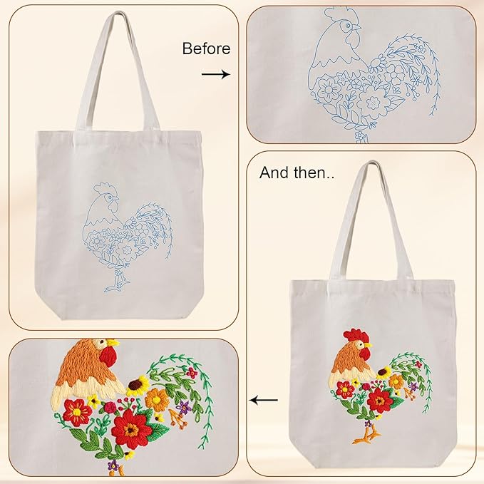 louise maelys embroidery kit canvas tote bag for beginners,cross stitch kits for adults,diy needlepoint include rooster and flower pattern,women shopping reusable grocery bags