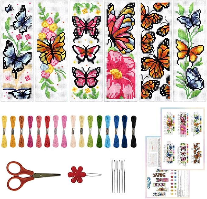ORIGACH 6 Pcs Cross Stitch Bookmark Kit for Beginner Adults, Butterflies and Flowers Stamped Embroidery Bookmark Kit with Instruction for Starters Printed Cross Stitch DIY Kits for Book Lovers