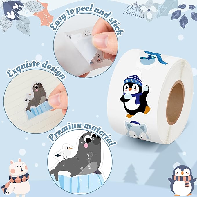 beyumi winter polar animal sticker - 1000pcs polar animal stickers in 2 rolls cute winter arctic adhesive kawaii animal decal holiday party favor supplies classroom office bottle decor
