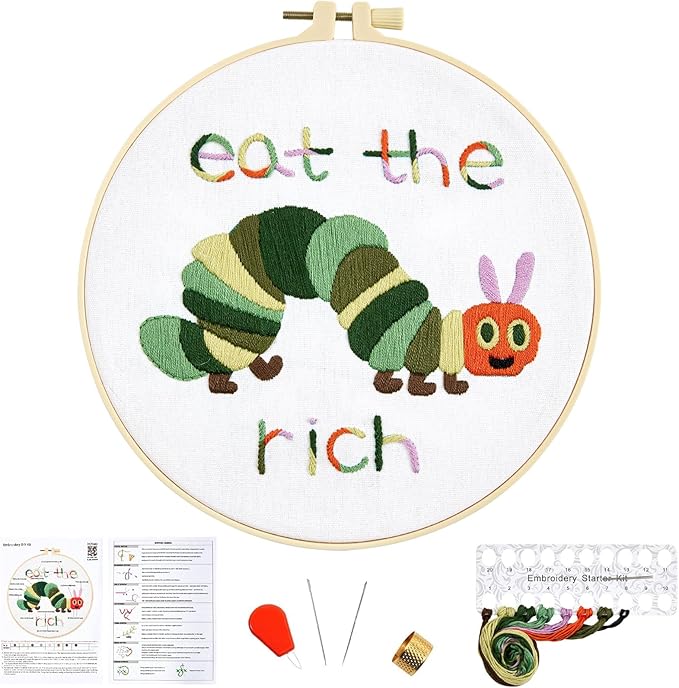 Hungry Caterpillar Embroidery Kits for Beginners Adults, Cute Embroidery Starter Kits, Counted Cross Stitch Kits for Beginners DIY Craft Kits for Adults Women, Embroidery Hoop, Thread & Video Tutorial