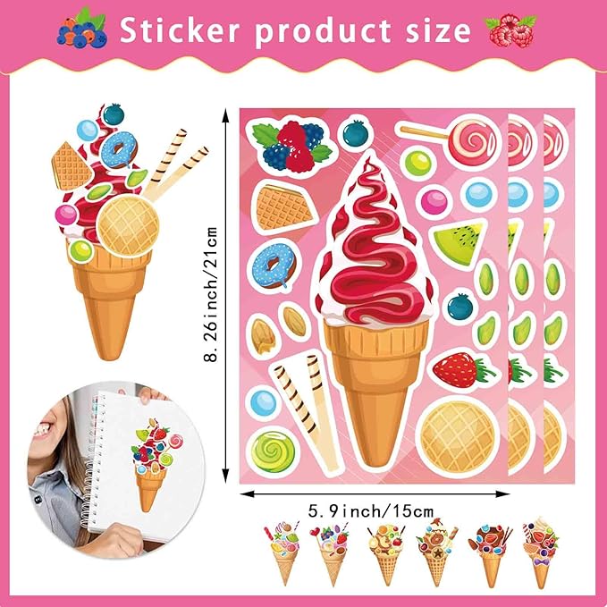 24 sheets ice cream stickers, make your own sticker for toddlers kids, make a face stickers for ice cream party favor supplies craft