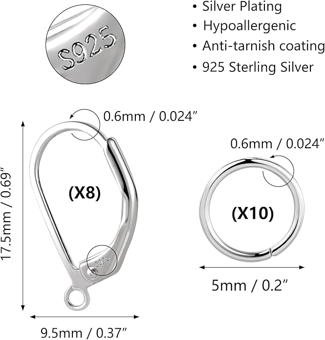 925 sterling silver leverback french hooks - hypoallergenic earring backs with jump rings set - dangle hooks sterling silver findings supplies for jewelry making