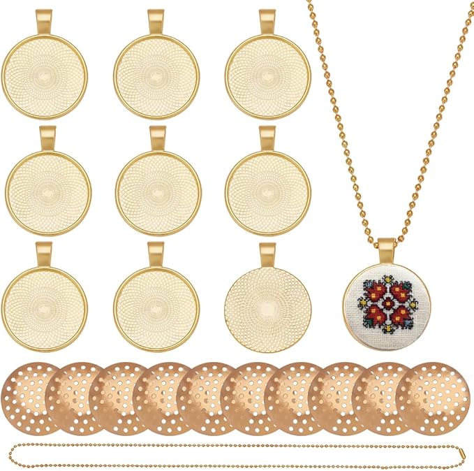 FREEBLOSS 10 Set Round Bezel Pendant Trays Blank Frame for Embroidery Round Pendant Tray Charm DIY Jewelry Making Kit for Necklace DIY Crafts Projects Needlepoint