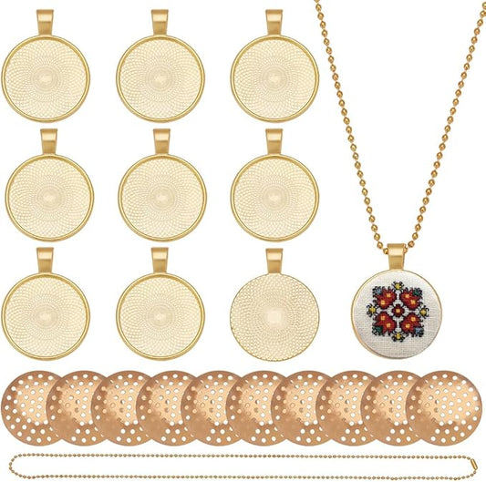 FREEBLOSS 10 Set Round Bezel Pendant Trays Blank Frame for Embroidery Round Pendant Tray Charm DIY Jewelry Making Kit for Necklace DIY Crafts Projects Needlepoint