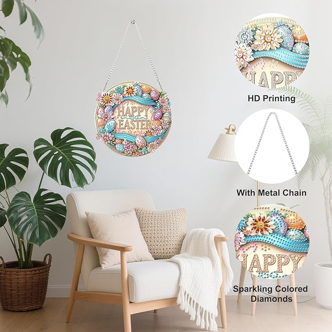 Easter Diamond Art Hanging Ornaments Kits for Adults, Diamond Painting Pendant Kits, DIY Acrylic 5D Special Shaped Crystal Gem Art Painting Ornament for Home Wall Easter Decor Gift 8x8 Inch