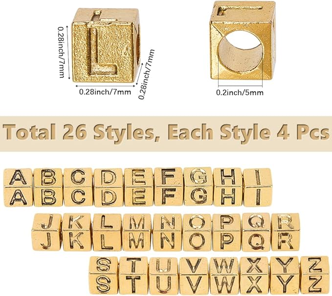 SUNNYCLUE 1 Box 104Pcs 26 Styles Gold Alphabet Beads Square Letter Bead Set Metal Alloy Antique Cube A to B Charm Large Hole Loose Spacer Beads for Jewelry Making Necklace Bracelets DIY Craft Supplies