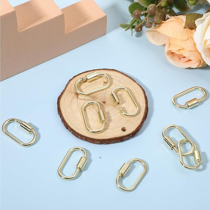 10pcs Small Locking Charms, Screw Carabiner Lock Charms Metal Oval Keyring Holder Clasp Carabiner Necklace Clasps Gold Keychain Clip for DIY Jewelry Making Handbag Accessory(Gold)