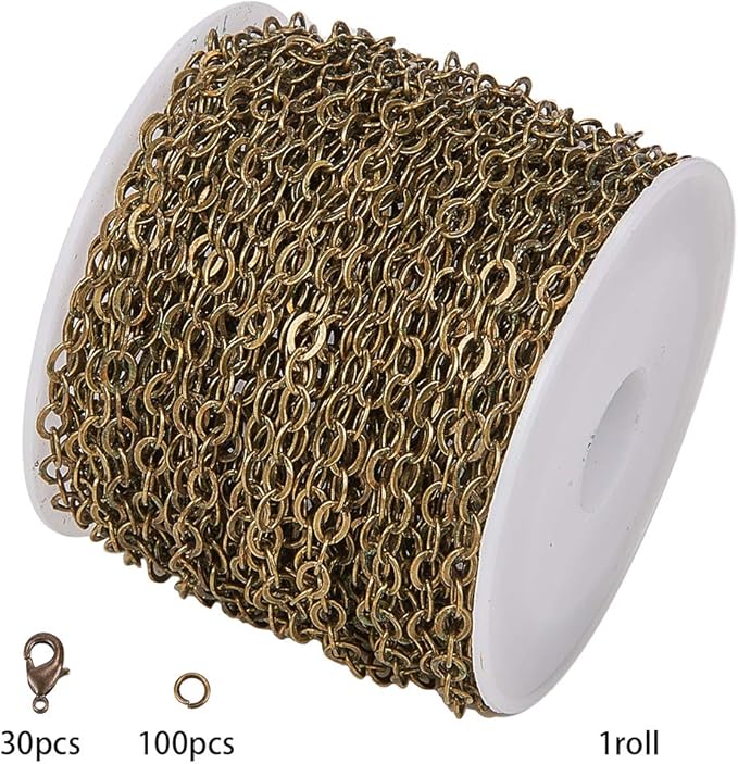 SUNNYCLUE DIY 33 Feet Antique Bronze Curb Cable Chain Link Necklace Small Width 3mm 30 Brass Lobster Claw Clasps, 100 Brass Jump Rings Antique Bronze Jewelry Chain for Jewelry Bracelet Necklace Making
