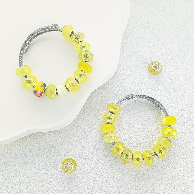 Large Hole European Beads for Pens - 100 Pieces Assorted Yellow Fairy Wand Garden Lampwork Craft Spacer Beads for DIY Charms Bracelet Necklace Decoration Jewelry Making Supplies