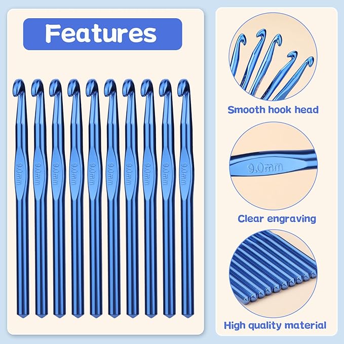 UzecPk 12Pcs 9mm Crochet Hooks, Aluminum Crochet Hook for DIY Craft, Crochet Hook Bulk for Crocheting Yarn Knitting Weave Beginners Women Adults