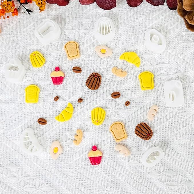 Xaekicr Breakfast Food Polymer Clay Cutters Set – 7pcs Bread Cupcake Egg Coffee Designs Clay Cutters for Polymer Clay Jewelry Making – Cute Clay Molds and Clay Tools for Mini Food Earrings