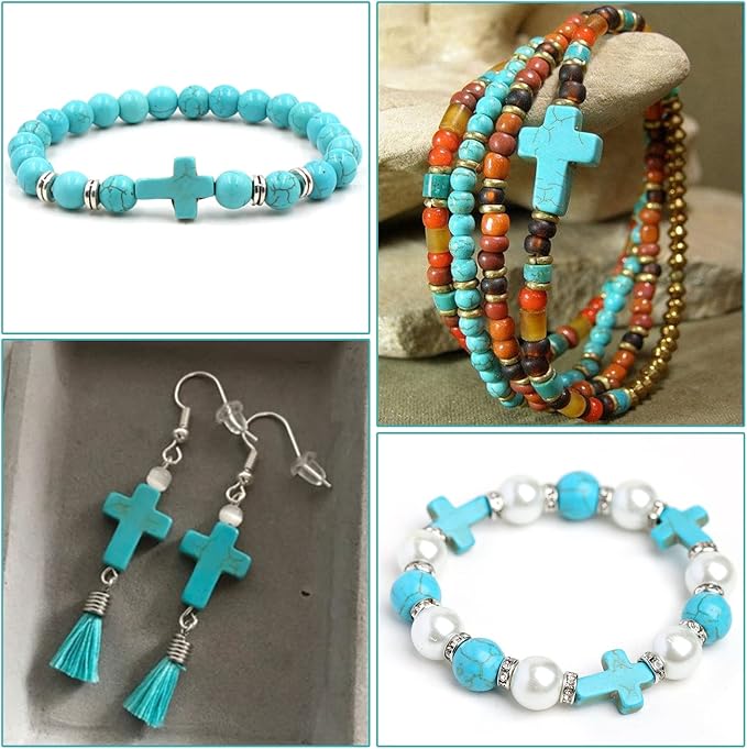 SUNNYCLUE 1 Box 100Pcs Turquoise Cross Beads Bulk Synthetic Turquoise Blue Gemstone Bead Easter Mini Cross Stone Spacer Beads for Jewelry Making Charms Beading Kits Christmas Bracelets DIY Supplies