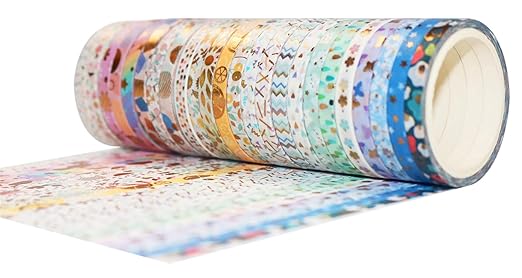 YUBBAEX 24 Rolls Skinny Washi Tape Set Gold Foil Print Decorative Tapes for Arts, DIY Crafts, Bullet Journals, Planners, Scrapbooking, Wrapping (Basic 5mm)