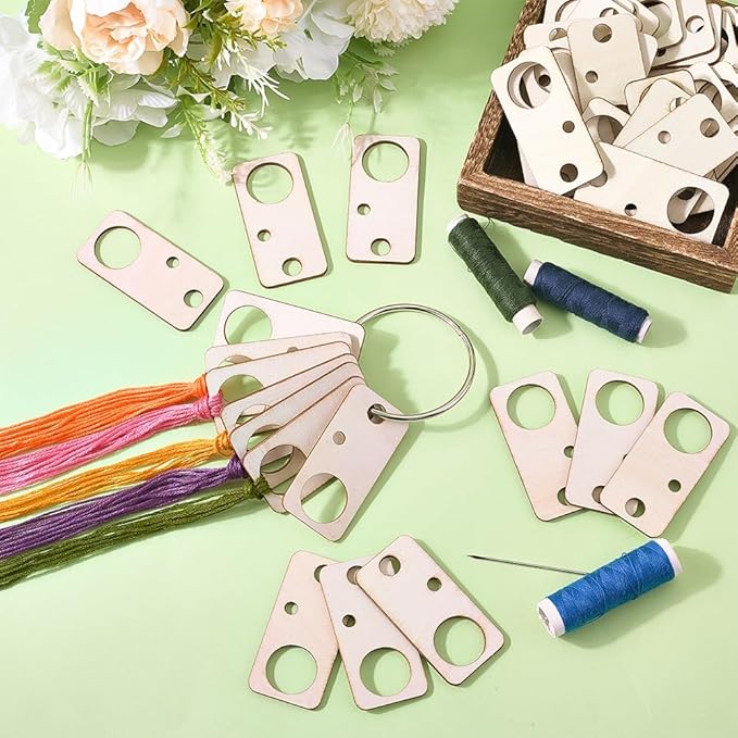 GORGECRAFT 100Pcs Wood Thread Drops 2.3 x 1.1 Inch Wooden Rectangle Cross Stitch Board Card Embroidery Threads Organizer Holder Bobbins Floss with Iron Binder Rings for DIY Craft Sewing Storage
