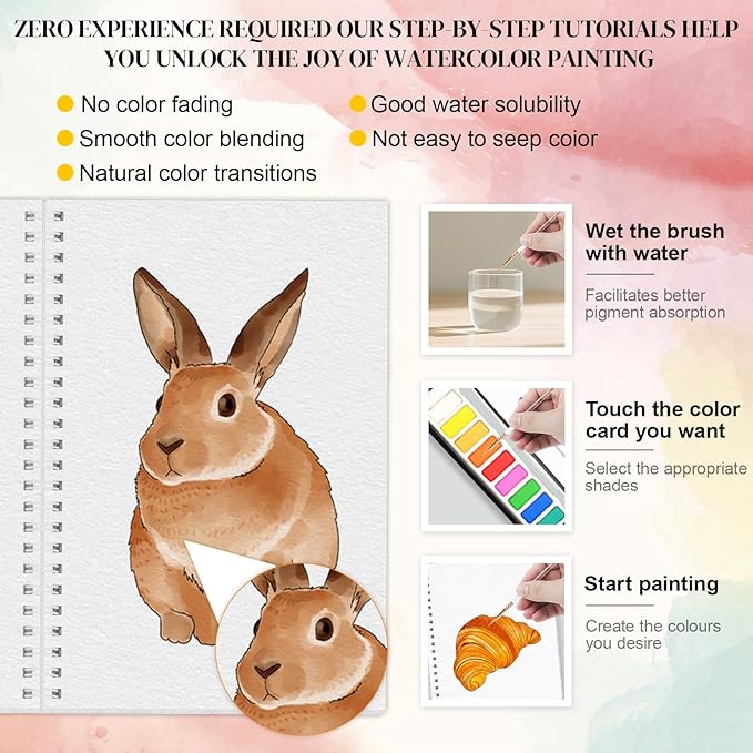APOLYONE 2-Pack Beginner Watercolor Workbooks: 24 Coloring Pages + 12 Watercolor Paints + Brush – 300gsm/140lb Paper – Gift for Women, Adults & Beginners (Garden & Animals)