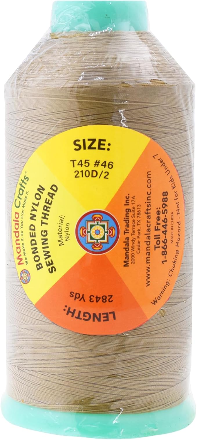 Mandala Crafts Size 46 210D T45 Bonded Nylon Thread - Khaki 2843 YDs Tex 45 Heavy Duty Sewing Threads for Leather, Jeans, Weaving, Outdoor Marine Upholstery