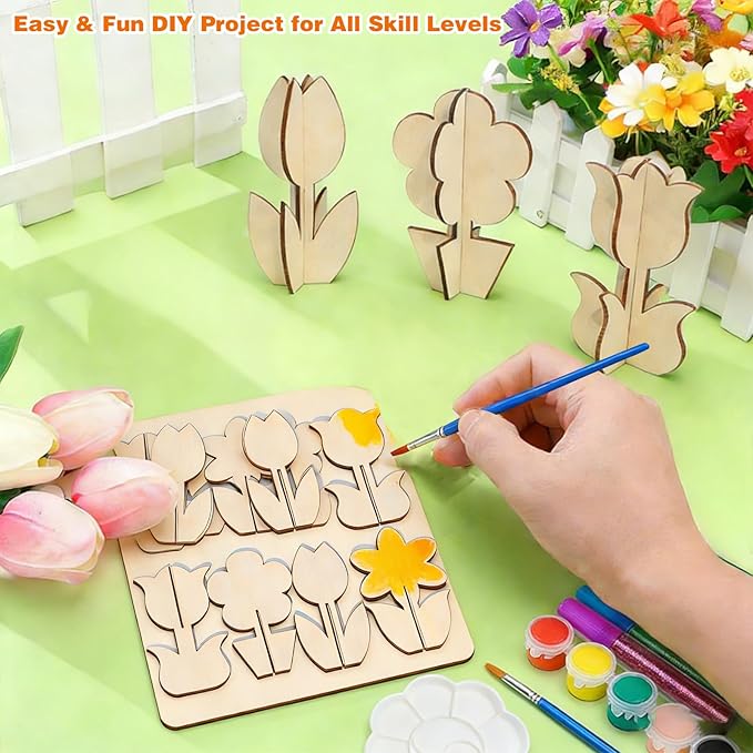 Mykzarpnix Wooden Flower Painting Kit, 12 Unfinished Wood 3D Flowers to Paint, DIY Spring Craft Set for Adults and Family, Blank Tulip Wood Cutouts for Home Decor, Tabletop Mantel Display