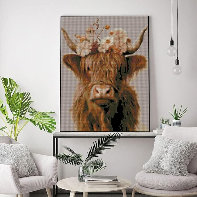 Stamped Cross Stitch Kits for Adults Beginners, Cow Flowers Easy DIY Counted Cross Stitch Kit Printed Patterns Dimensions Needlepoint Art Crafts Embroidery Kits for Home Wall Decor 15.7x11.8 inches