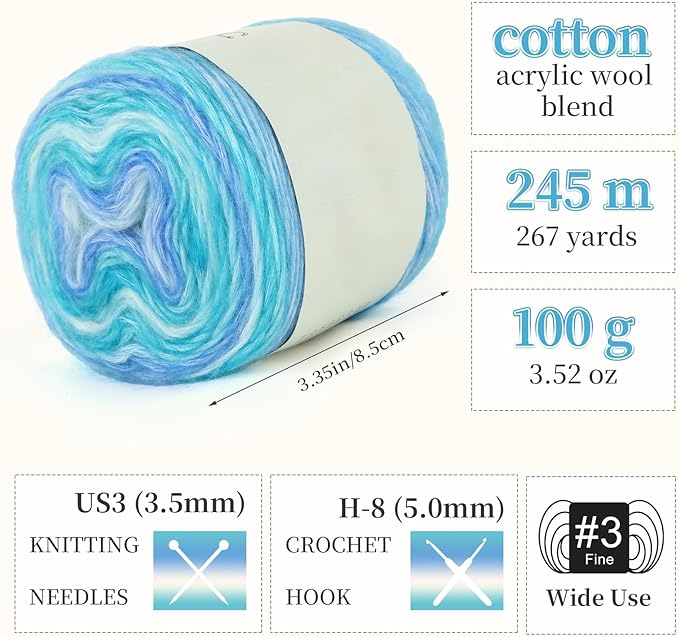 Aeelike Gradient Yarn for Crocheting, 3 Skeins Cake Yarns 100g (3.52 oz) 245m (267 Yards) # 3 Light Weight - Super Soft Ombré Fairyland Yarns for Making Colorful Crafts, Blue Green Gradient