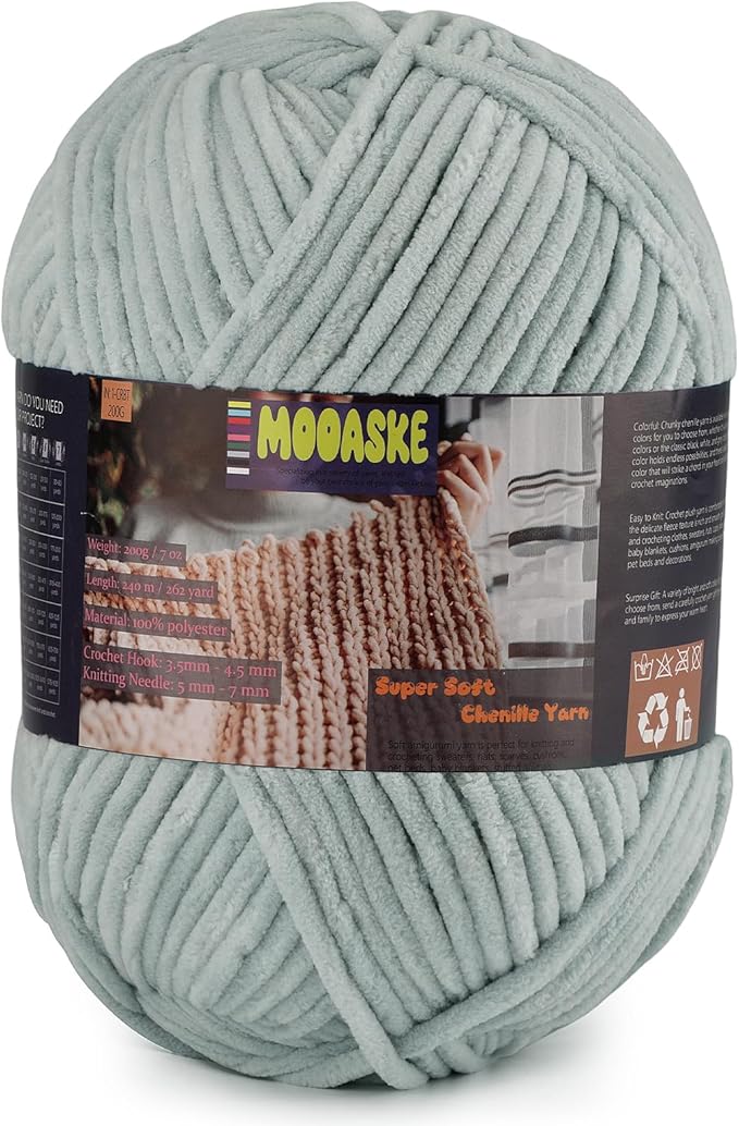 Chunky Velvet Yarn for Crocheting & Knitting, 7.05oz 262.4yd Super Soft Chenille Plush Yarn, Bulk Thick Yarns for Baby Blankets, Amigurumi, Scarves | 20 Colors (1, Light Gray)