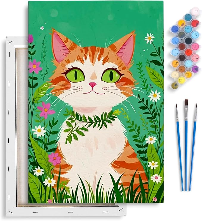 Yezavesu Framed Paint by Numbers Kit for Adults Beginner & Kids Ages 8-12, Cat Paint by Numbers with Frame, DIY Number Painting for Adults Orange Cat for Home Wall Decor Gift 8X 12 inch