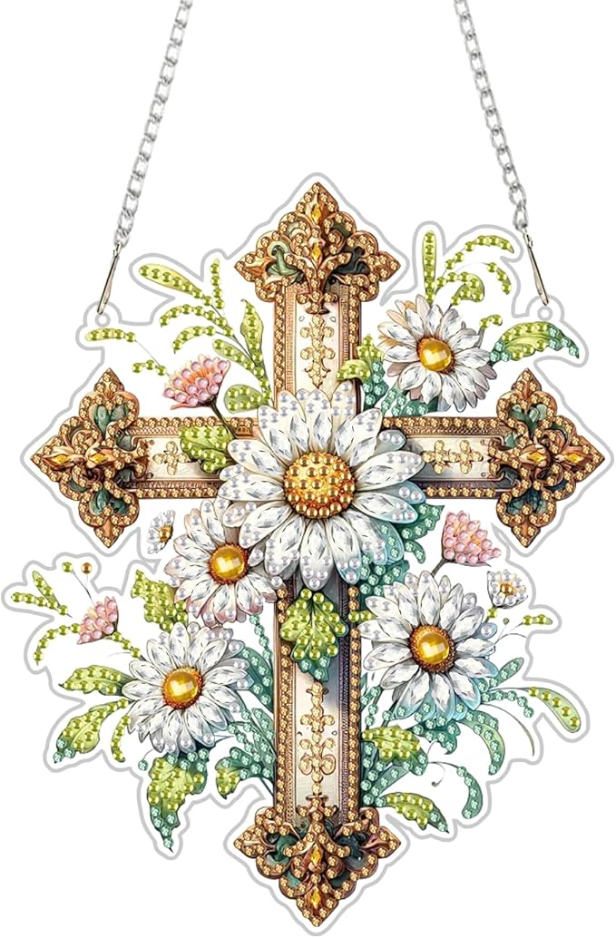 RYMILIE Diamond Art Hanging Kit for Adult,Special Shaped Rhinestone,Double Sided 5D DIY Acrylic Diamond Art Painting Window Pendants Home Garden Wall Hanging Kits Hanging Ornament (Cross)