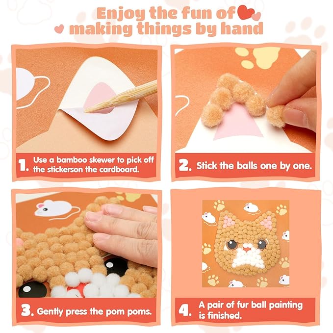 Upltowtme DIY Pom-Poms Art Kit, Cat-Themed Crafts with 6 Patterns, Stick Fuzzy Ball Art, Creative DIY Home Decor & Gift for Cat Lovers