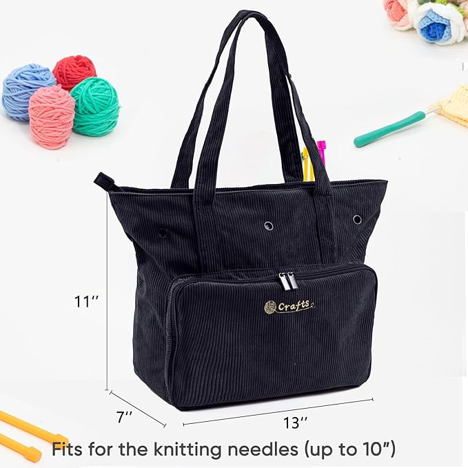 Large Yarn Tote Organizer – Corduroy Knitting Storage Holder for Yarn, Hooks & Accessories, Portable Craft Carryall for Crocheting Lovers, Mother’s Day Gift