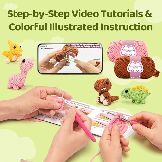 Mewaii Crochet Kit for Beginners, Crochet Animal Kit with Step-by-Step Video Tutorials, Crochet Starter Kit for Kids Adults DIY Crochet（5 Dinosaur Set）