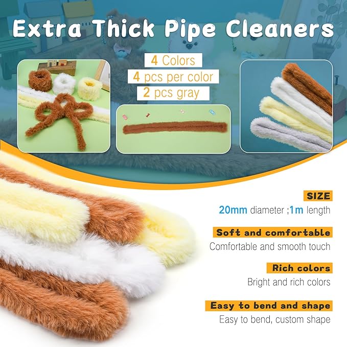 ZXIIXZ 104 Pcs Pipe Cleaners Craft, 14 Pcs 39.37 Inch Extra Thick Pipe Cleaners, Cute Large Plush Pipe Cleaner Supplies Kit for DIY Arts Craft Decorations