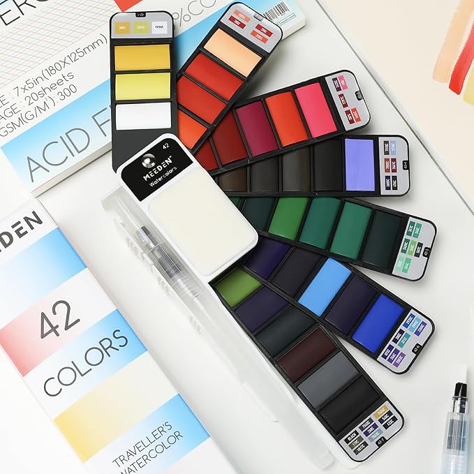 MEEDEN Travel Watercolor Paint Set: Portable 42 Assorted Water Colors Paint Kit with 4 Brushes