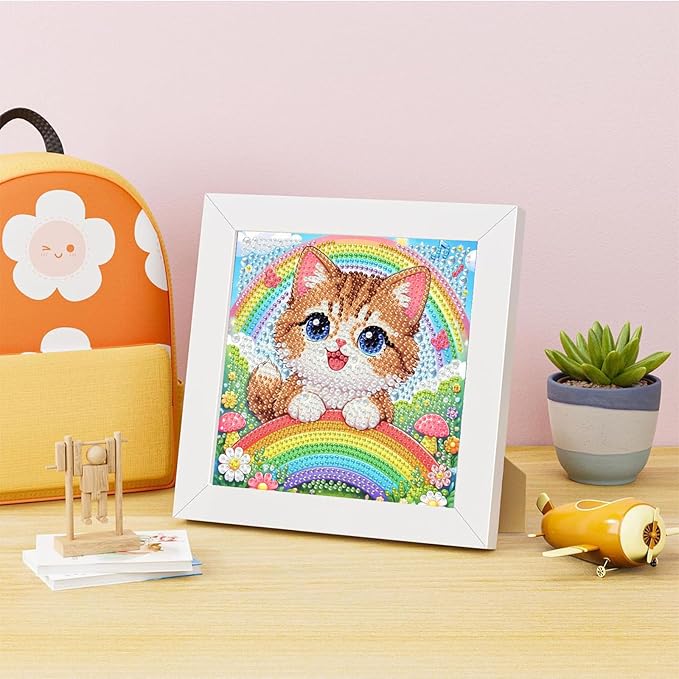 Cat Diamond Art Painting Kits for Kids with Frame, Animal Diamond Art for Kids Ages 4-8-12 with Frame, Easy Small Cute Gem Painting Kit for Gift Home Wall Decoration (7x7 inch)
