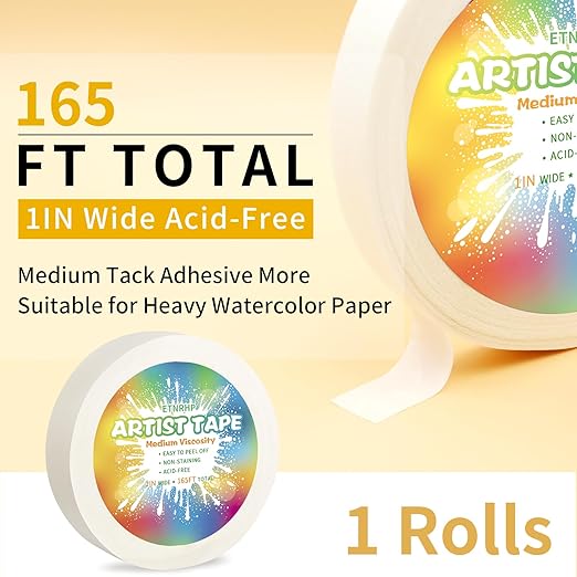 White Art Tape Medium Tack Artist Masking Tape Paper Acid Free Tape Watercolor Painters Tape Artists Tape for Drafting Art Watercolor Painting Canvas Framing, 1 inch Wide 165FT Long
