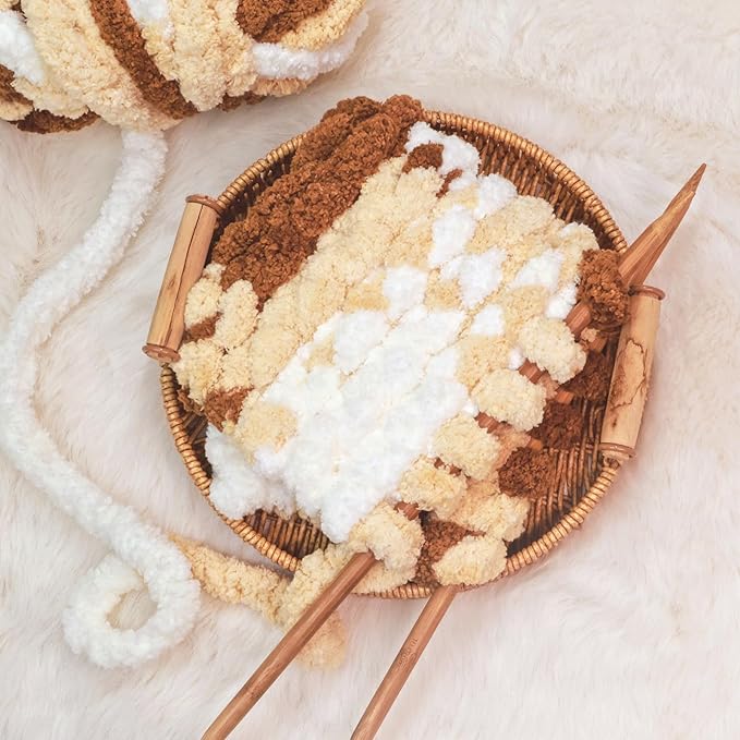 White+Light Yellow+Brown Chunky Chenille Yarn for Crocheting Bulky Thick Fluffy Yarn for Knitting,Super Bulky Hand Blanket,Soft Plush Yarn Crochet Carpet 8 Jumbo Pack(63.76oz/197.68yd